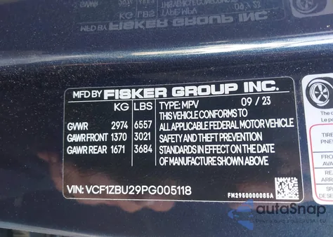 2023 Fisker Ocean One z USA, uszkodzony, nr VIN VCF1ZBU29PG005118